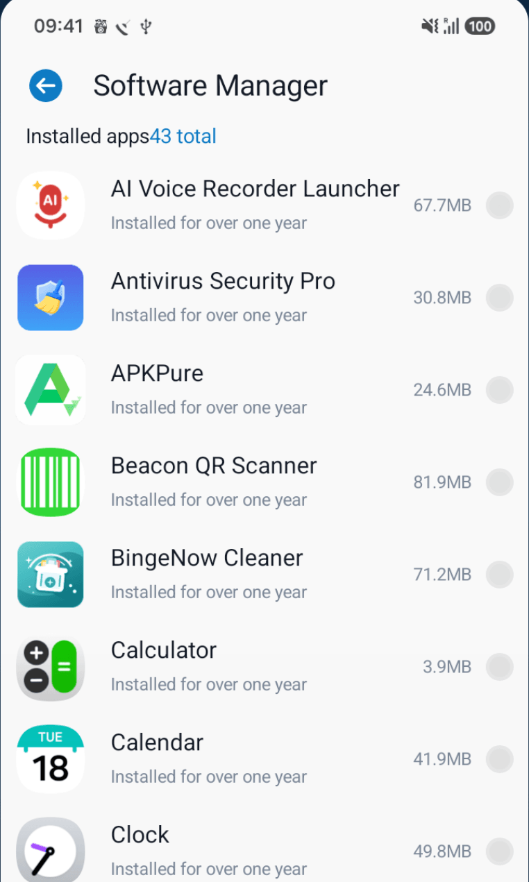 Software Manager screen listing installed apps with their sizes and how long they have been installed