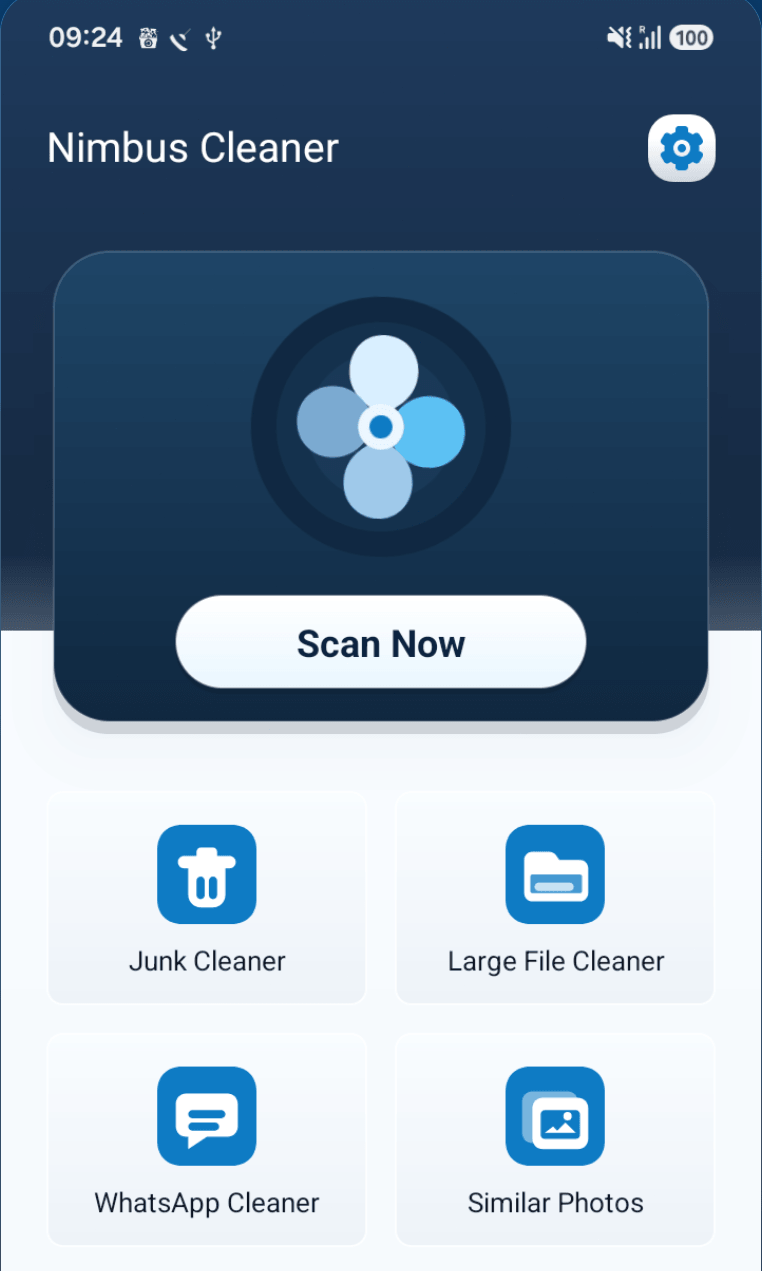 Nimbus Cleaner home screen with a Scan Now button and shortcuts to Junk Cleaner, Large File Cleaner, WhatsApp Cleaner and Similar Photos