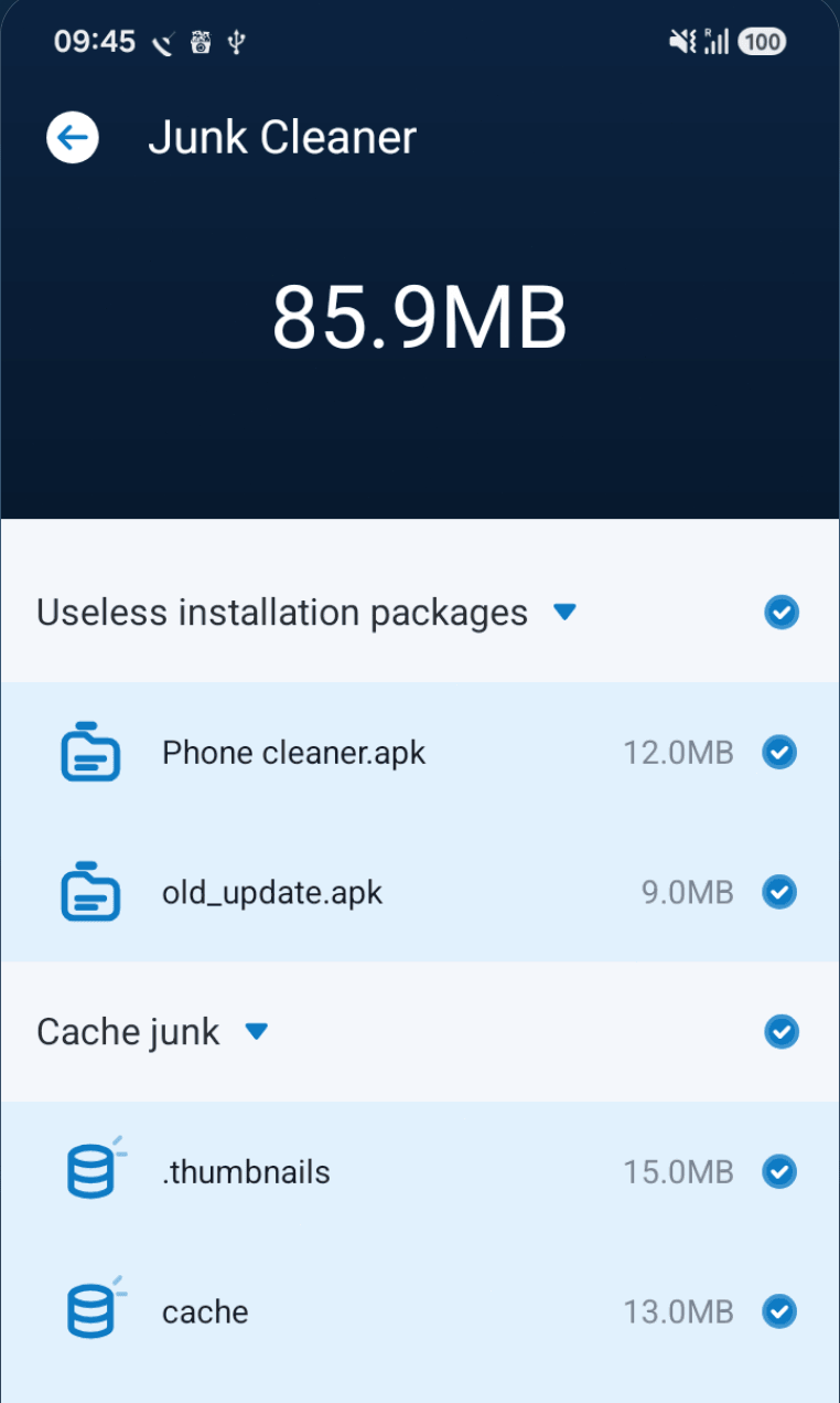 Junk Cleaner screen showing 85.9 MB found, split into useless installation packages and cache junk