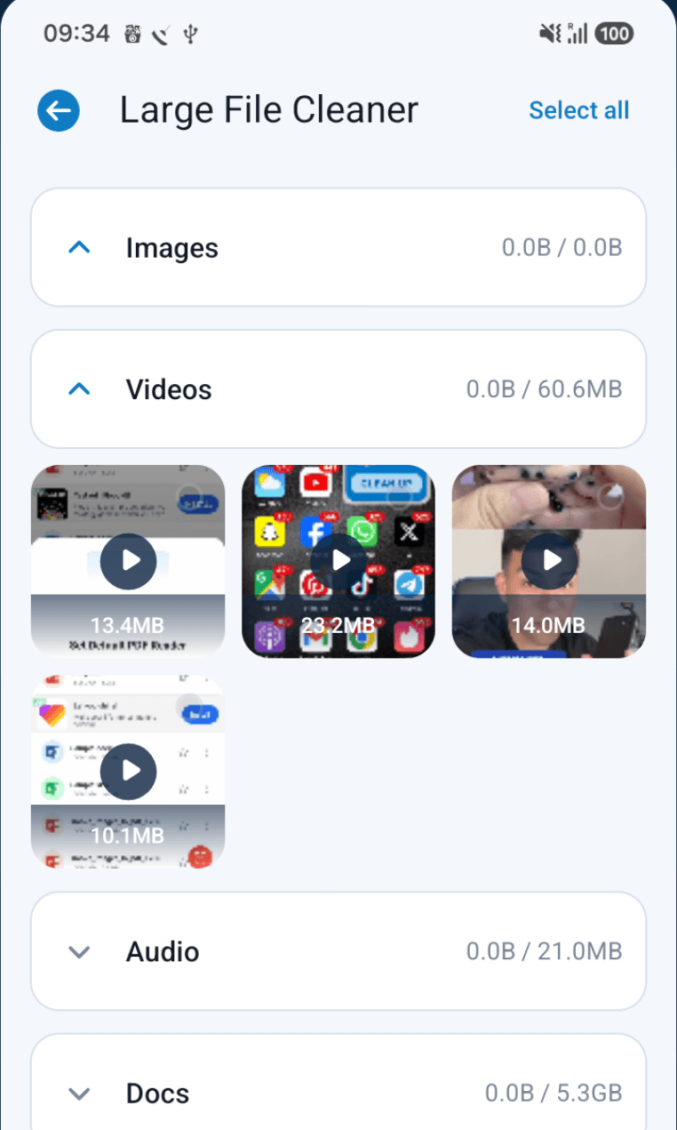 Large File Cleaner screen listing images, videos, audio and documents with size totals and video thumbnails